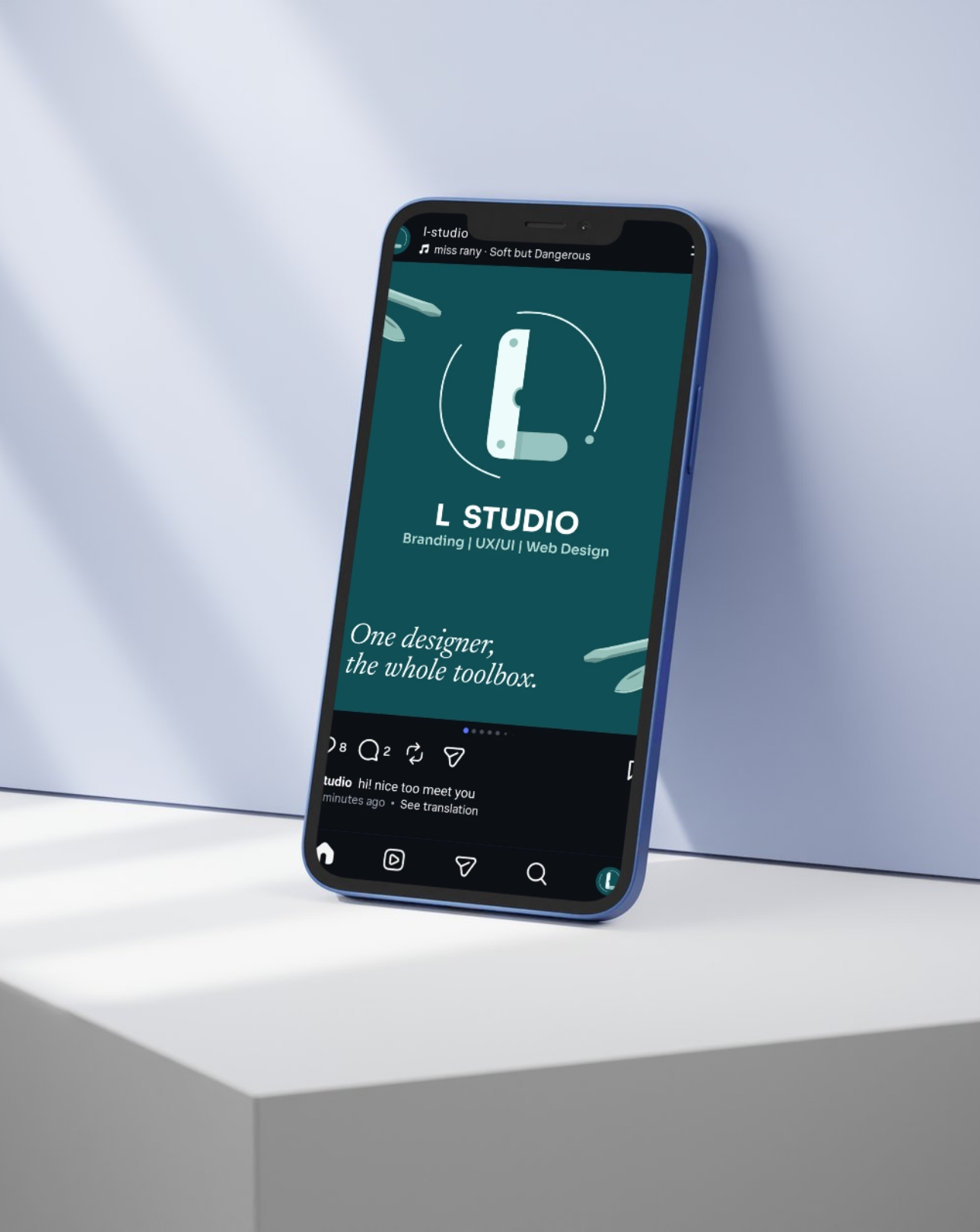 L Studio social identity displayed on a phone